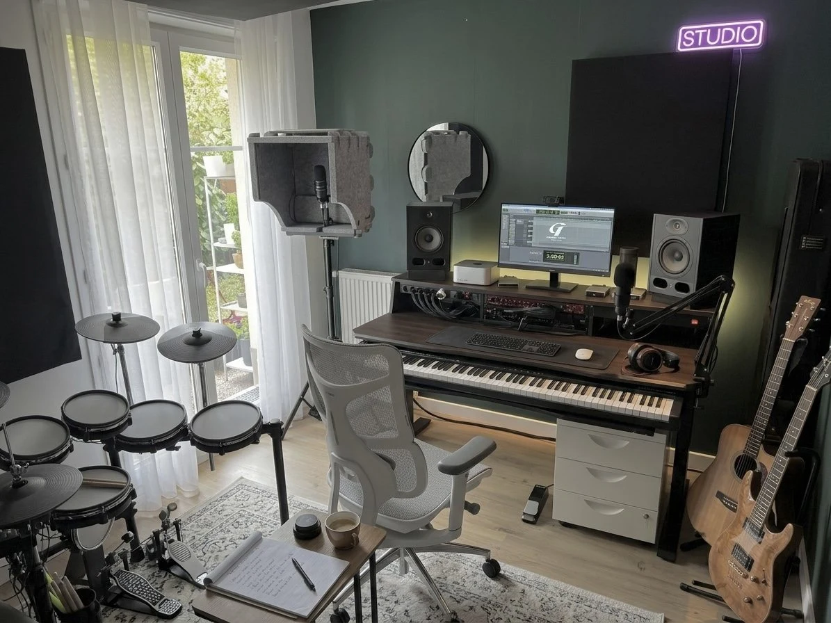 Le studio Guide Tone : clavier, micros, enceintes et instruments.